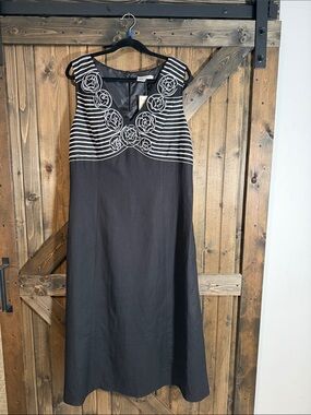 Coldwater Creek Black and White Striped Yoke A-Line Midi Dress (linen blend)